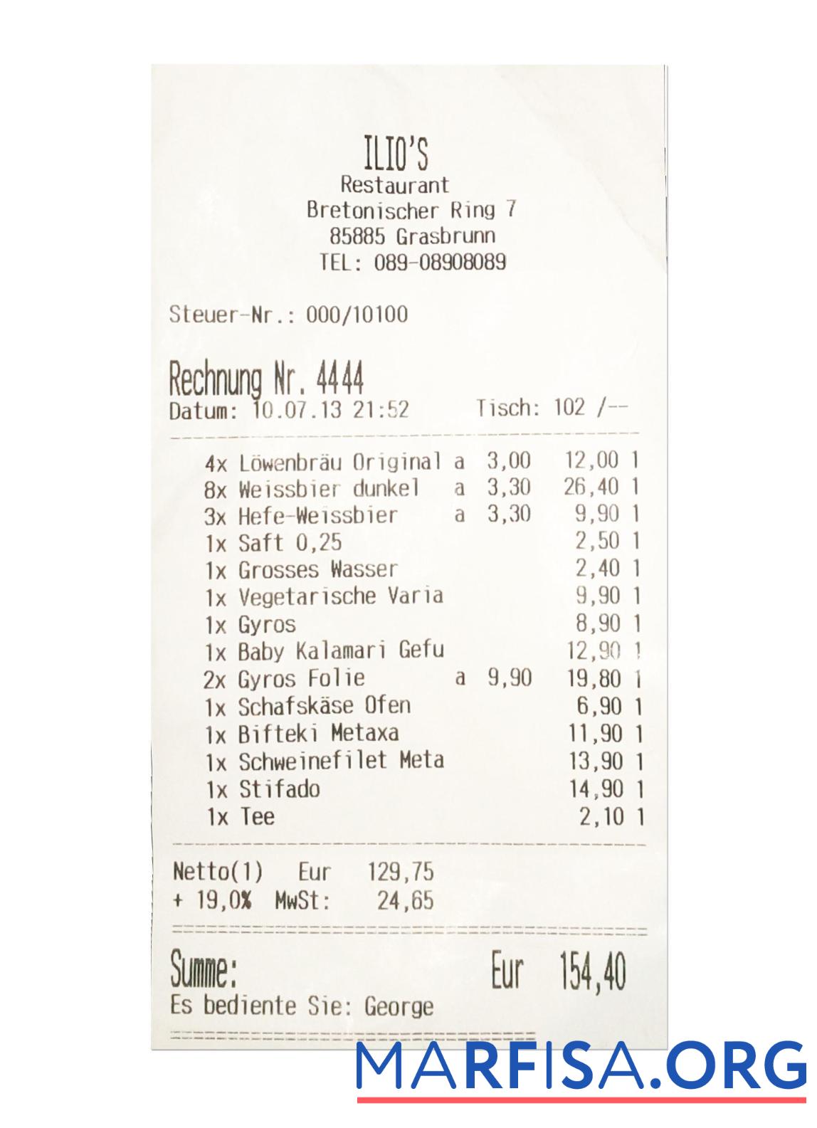 Downloadable ILIO'S RESTAURANT payment check sample